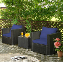 Load image into Gallery viewer, Heavy Duty Steel Frame Modern Beautiful 3-Piece Patio Furniture Wicker Rattan Conversation, Relaxing Set With Thick Comfy Cushions, 5 Colours