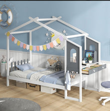 Load image into Gallery viewer, Super Cute & Adorable Modern  Twin Or Full Bed Frame House With Roof Canopy And Fence For Children, Kids | Heavy Duty  | Bed Space | Montessori | Desk, Drawers