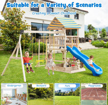 Load image into Gallery viewer, Super Fun Heavy-duty Playground For Children | 3 Swings | Monkey Bars | Climbing | Slide | Tree House Top Deck | Steering Wheel | Telescope | Sandbox | Bench | Awning