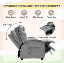 Load image into Gallery viewer, Very Cute & Adorable Kids, Children’s Recliner Sofa Chair Couch With Cup Holder | Footrest Velvet Or PU Leather | Padded Backrest | Wide Armrest | Retractable Footrest | Pockets