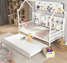 Load image into Gallery viewer, Very Adorable Twin Size Kids Montessori Day Or Night Trundle Bed With Roof, Shelf 8 Components | With Wheels | Space Saving | Solid Wood Frame | Heavy Duty