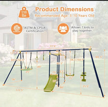 Load image into Gallery viewer, Super Fun 7-in-1 A Shaped Playground | Saucer Swing | U Shape Swing | Gym Rings | 2 Person Glide | Basketball Hoop | Slide | Monkey Bars