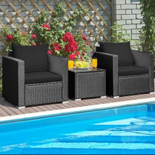 Load image into Gallery viewer, Heavy Duty Steel Frame Modern Beautiful 3-Piece Patio Furniture Wicker Rattan Conversation, Relaxing Set With Thick Comfy Cushions, 5 Colours