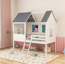 Load image into Gallery viewer, Super Adorable Twin Size Kids Heavy Duty House Bed Low Loft Bed Solid WoodFrame With Roof | 2 Step Ladder | High Guardrails | Under Bed Space | Window Openings | Holds 350lbs