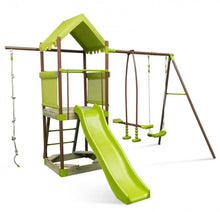 Load image into Gallery viewer, Heavy Duty Playful 7-in-1 Outdoor Metal Swing Playground With Covered Fort, Sandbox, Cool Wave Slide, Climbing Rope, Glider, Adjustable Swing, Cedar Wood