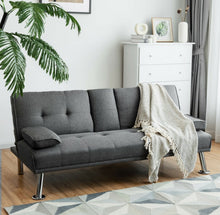 Load image into Gallery viewer, Elegant Heavy Duty Comfortable 3 Convertible Modes Folding Futon 2 Seater Sofa Couch Bed Beautiful Fabric With 2 Cup Holders | Lumbar Pillow