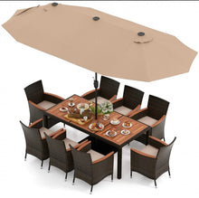 Load image into Gallery viewer, Heavy Duty Outdoor Patio 10-Piece Dining Set With 15 Feet Double-Sided Twin Patio Umbrella, Rustic Acadia Wood, Wicker, Rattan, Very Comfortable