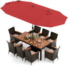Load image into Gallery viewer, Heavy Duty Outdoor Patio 10-Piece Dining Set With 15 Feet Double-Sided Twin Patio Umbrella, Rustic Acadia Wood, Wicker, Rattan, Very Comfortable