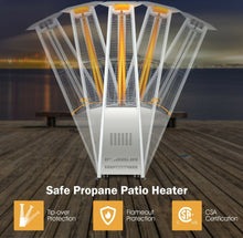 Load image into Gallery viewer, Heavy Duty Tip Protection Stainless Steel Triangular Pyramid Safe Propane Patio Heater 42,000 BTU | With Wheels | Flameout Protection