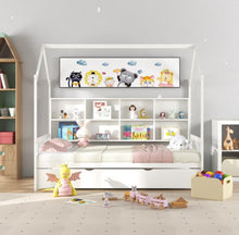 Load image into Gallery viewer, Very Adorable Twin Size Kids Montessori Day Or Night Trundle Bed With Roof, Shelf 8 Components | With Wheels | Space Saving | Solid Wood Frame | Heavy Duty