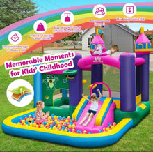 Load image into Gallery viewer, Super Cute & Adorable Inflatable Unicorn Themed Bouncy Castle / House 6-in-1 Playing Area | With 735W Blower | Slide | Carry Bag |