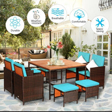 Load image into Gallery viewer, Heavy Duty Very Comfortable Modern 9-Piece Patio Rattan Dining Thick Cushioned Patio Furniture Set With Chairs, Dining Table, Ottomans, Acacia Wood