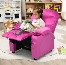 Load image into Gallery viewer, Very Cute & Adorable Kids, Children’s Recliner Sofa Chair Couch With Cup Holder | Footrest Velvet Or PU Leather | Padded Backrest | Wide Armrest | Retractable Footrest | Pockets