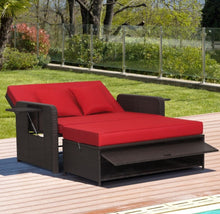 Load image into Gallery viewer, Elegant 4-Level Patio Rattan Daybed | Adjustable Backrest | Rectangle Side Tray | Outdoor Sectional | Double Sofa With Side Table | Space Saving