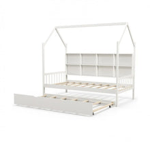 Load image into Gallery viewer, Very Adorable Twin Size Kids Montessori Day Or Night Trundle Bed With Roof, Shelf 8 Components | With Wheels | Space Saving | Solid Wood Frame | Heavy Duty