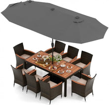 Load image into Gallery viewer, Heavy Duty Outdoor Patio 10-Piece Dining Set With 15 Feet Double-Sided Twin Patio Umbrella, Rustic Acadia Wood, Wicker, Rattan, Very Comfortable