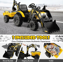 Load image into Gallery viewer, 2025 Heavy Duty 12V Excavator 3-in-1 Ride On Toy 1 Seater With Shovel, Bucket, Trailer, Rubber Tires, Cup Holder, LED Lights, Digging Bucket, Remote