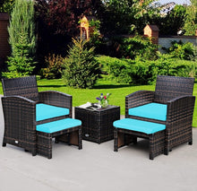 Load image into Gallery viewer, Elegant Heavy Duty 5-Piece Patio Rattan Furniture Set With Ottoman, Beautiful Tempered Glass Coffee Table | Cozy Chairs
