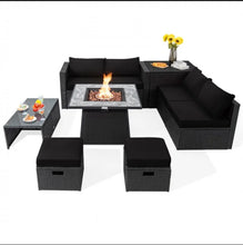 Load image into Gallery viewer, Elegant & Classy 9 Piece Outdoor Wicker Sectional With 35 Inch Gas Fire Pit Table Heavy Duty | In 6 Colours | Cover | Patio furniture