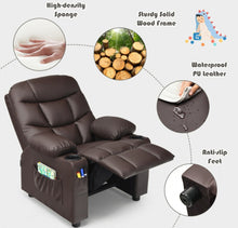 Load image into Gallery viewer, Very Cute & Adorable Kids, Children’s Recliner Sofa Chair Couch With Cup Holder | Footrest Velvet Or PU Leather | Padded Backrest | Wide Armrest | Retractable Footrest | Pockets