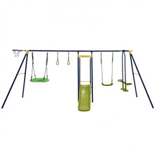 Load image into Gallery viewer, Super Fun 7-in-1 A Shaped Playground | Saucer Swing | U Shape Swing | Gym Rings | 2 Person Glide | Basketball Hoop | Slide | Monkey Bars