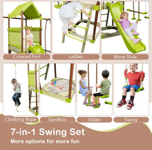 Load image into Gallery viewer, Heavy Duty Playful 7-in-1 Outdoor Metal Swing Playground With Covered Fort, Sandbox, Cool Wave Slide, Climbing Rope, Glider, Adjustable Swing, Cedar Wood