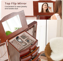 Load image into Gallery viewer, Very Elegant Brown Large Wooden Jewelry Storage Box Organizer  | Retro Design | Soft Liner | Top Flip Mirror