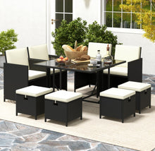 Load image into Gallery viewer, Heavy Duty Beautiful & Elegant Rattan Very Comfortable 9 Piece Outdoor Patio Dining Furniture Set With Tempered Glass Table, Ottomans
