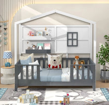 Load image into Gallery viewer, Super Cute & Adorable Modern Twin House Montessori Floor Bed With 2 Shelves | Guardrails | Solid Wood | Transition For Growth | Holds 400lbs