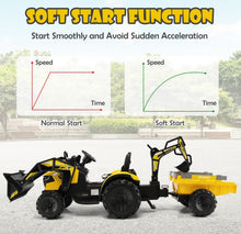 Load image into Gallery viewer, 2025 Heavy Duty 12V Excavator 3-in-1 Ride On Toy 1 Seater With Shovel, Bucket, Trailer, Rubber Tires, Cup Holder, LED Lights, Digging Bucket, Remote