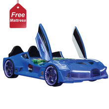 Load image into Gallery viewer, 2025 Awesome Aero Premium Blue Race Car Bed With Free Mattress | Wicked Doors | Upgraded | LED Lights