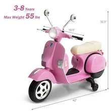Load image into Gallery viewer, 6V Kids Ride On 2025 Motorcycle Vespa Motor Bike with Auxiliary Wheels, LED Lights, Music, Loud Horns, Rearview Mirror, For Ages 3-8
