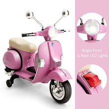 Load image into Gallery viewer, 6V Kids Ride On 2025 Motorcycle Vespa Motor Bike with Auxiliary Wheels, LED Lights, Music, Loud Horns, Rearview Mirror, For Ages 3-8