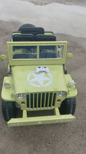 Load and play video in Gallery viewer, 2025 Military / Army 24V Willy 4x4 Jeep Style Truck Upgraded | 3 Seater Kids Ride-On | Leather Seats | Rubber Tires | Remote