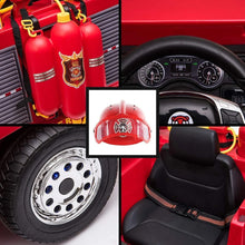 Load image into Gallery viewer, 2025 Fire Truck Style Ride-On | 12V | Upgraded | Lots of Lights | Water Gun | Hat | Fire Extinguisher | Big 1 Seater | Remote