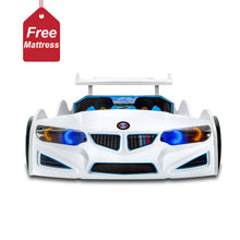 Load image into Gallery viewer, Super Cool White GT1 Race Car Bed With Free Mattress | LED Lights