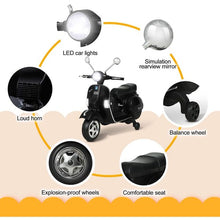 Load image into Gallery viewer, 6V Kids Ride On 2025 Motorcycle Vespa Motor Bike with Auxiliary Wheels, LED Lights, Music, Loud Horns, Rearview Mirror, For Ages 3-8