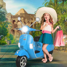 Load image into Gallery viewer, 6V Kids Ride On 2025 Motorcycle Vespa Motor Bike with Auxiliary Wheels, LED Lights, Music, Loud Horns, Rearview Mirror, For Ages 3-8