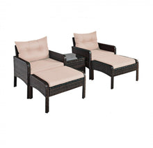 Load image into Gallery viewer, Elegant Outdoor Patio 5-Piece Furniture Rattan Sofa Ottoman Set With Cushions | Comes With 2 Ottomans,1 Coffee Table,2 Armchairs 1 Side Table, Cushions
