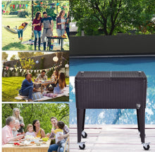 Load image into Gallery viewer, Heavy Duty Patio Super Cool Rattan Rolling Party Cooler Cart | Bottle Opener With Catcher | Handle | Rolling Wheels |
