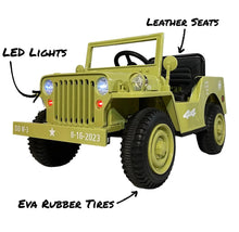 Load image into Gallery viewer, 2025 Military / Army 12V Willy Jeep Style Truck Upgraded | 1 Seater Kids Ride-On Car| Leather Seats | Rubber Tires | Remote | 2 Colours
