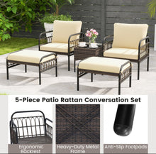 Load image into Gallery viewer, Very Relaxing Heavy Duty Beige 5-Piece Patio Rattan Conversation Set With Ottomans | Coffee Table | Comfy Cushions
