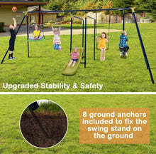 Load image into Gallery viewer, Super Fun 7-in-1 A Shaped Playground | Saucer Swing | U Shape Swing | Gym Rings | 2 Person Glide | Basketball Hoop | Slide | Monkey Bars
