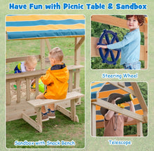 Load image into Gallery viewer, Super Fun Heavy-duty Playground For Children | 3 Swings | Monkey Bars | Climbing | Slide | Tree House Top Deck | Steering Wheel | Telescope | Sandbox | Bench | Awning
