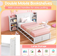 Load image into Gallery viewer, Elegant &amp; Modern Very Comfortable Full Or Twin Kids, Children Wooden Platform Bed With Trundle Storage | Headboard | Bookshelf

