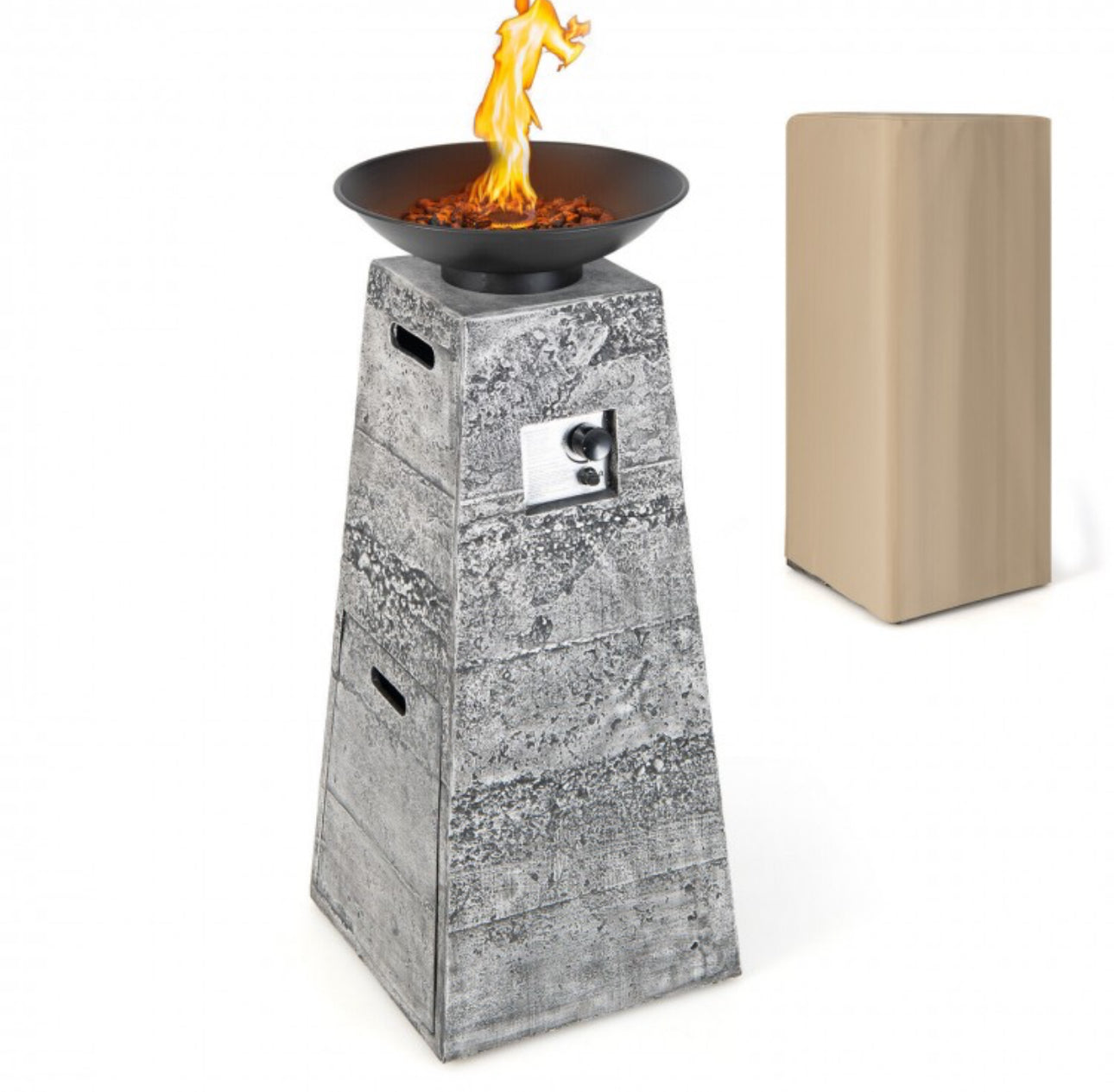 Elegant Heavy Duty 48 Inch Propane Fire Bowl Column With Beautiful Lava Rocks & PVC Cover | Easy Access Door | Easy On/Off Switch | Patio Fire Pit