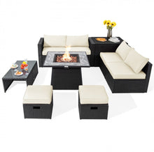 Load image into Gallery viewer, Elegant &amp; Classy 9 Piece Outdoor Wicker Sectional With 35 Inch Gas Fire Pit Table Heavy Duty | In 6 Colours | Cover | Patio furniture
