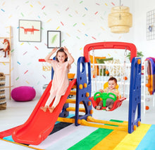 Load image into Gallery viewer, Super Fun 3-in-1 Very Colourful Children Playground Set | Slide | Climbing Stairs | Basketball Net | Swing
