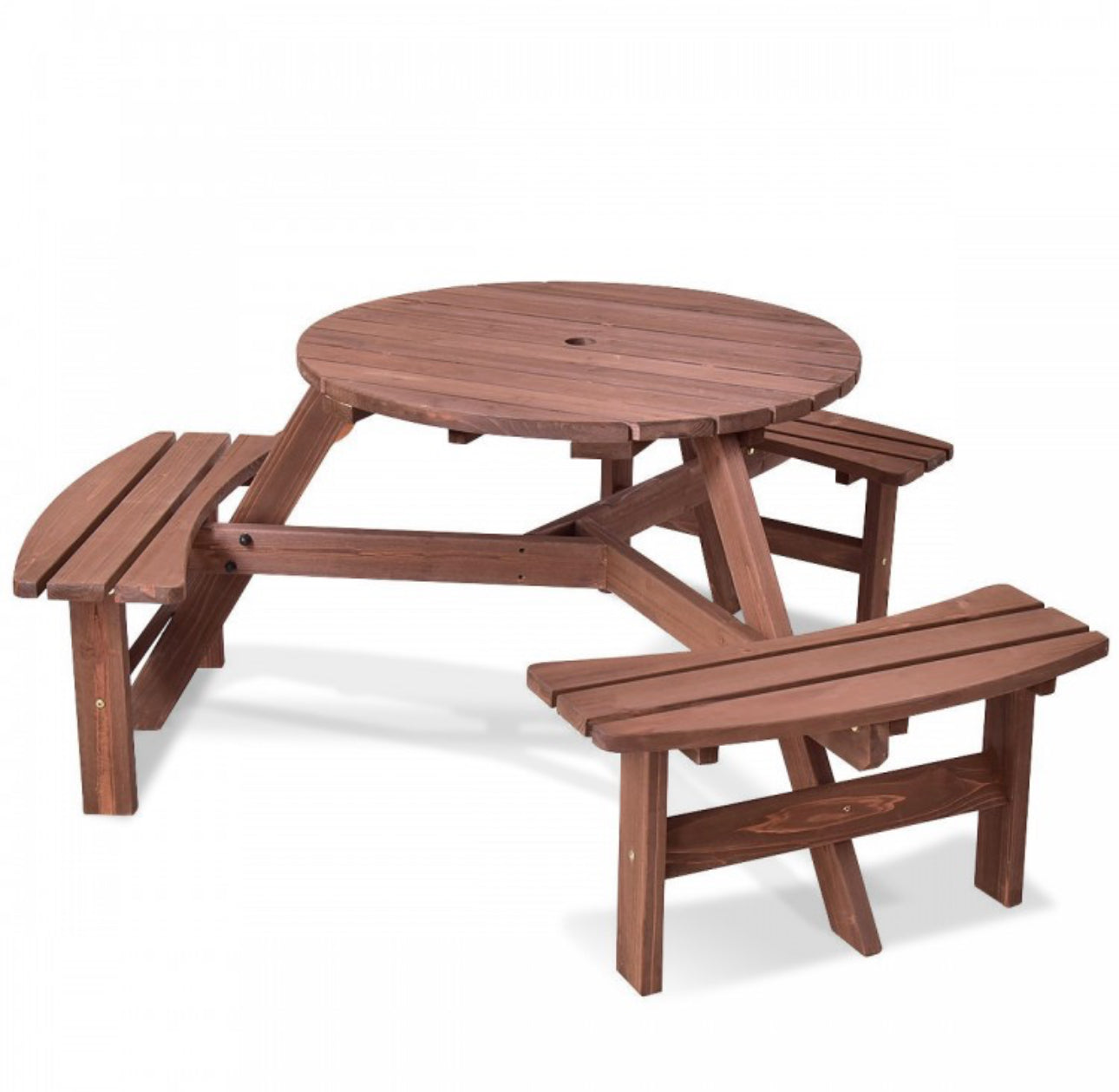 Super Elegant 6-Person Comfortable Wooden Patio Picnic Table With Bench And Umbrella Hold | Heavy Duty | For Patio, Garden, Terrace, Poolside