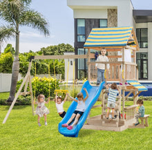 Load image into Gallery viewer, Super Fun Heavy-duty Playground For Children | 3 Swings | Monkey Bars | Climbing | Slide | Tree House Top Deck | Steering Wheel | Telescope | Sandbox | Bench | Awning
